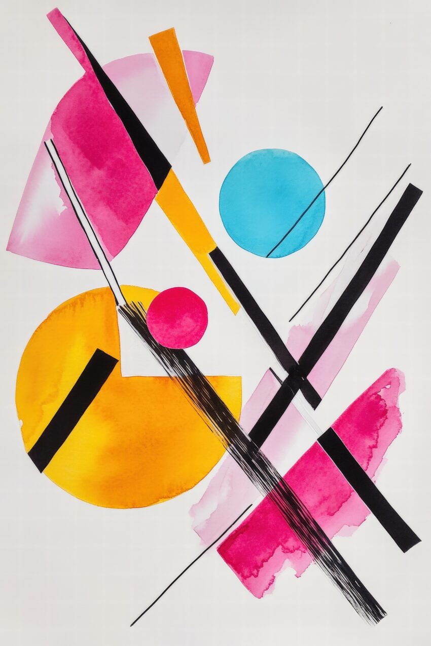 Abstraktes Poster mit geometrischen Formen aus farbigen Kreisen und Linien in Pink, Gelb, Blau und Schwarz, klare Komposition ohne Glanz auf weißem Hintergrund