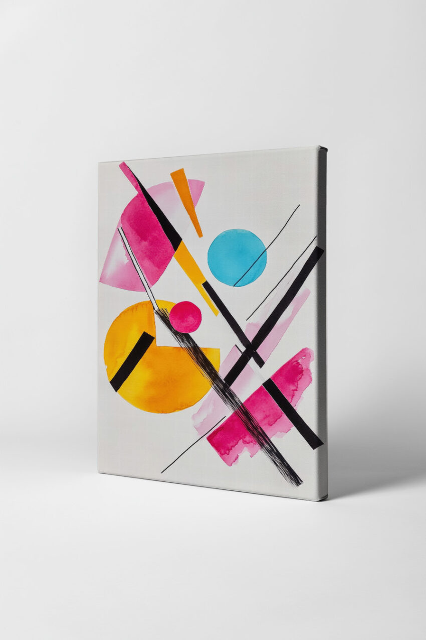 Abstraktes Poster mit geometrischen Formen aus farbigen Kreisen und Linien in Pink, Gelb, Blau und Schwarz, klare Komposition ohne Glanz auf weißem Hintergrund