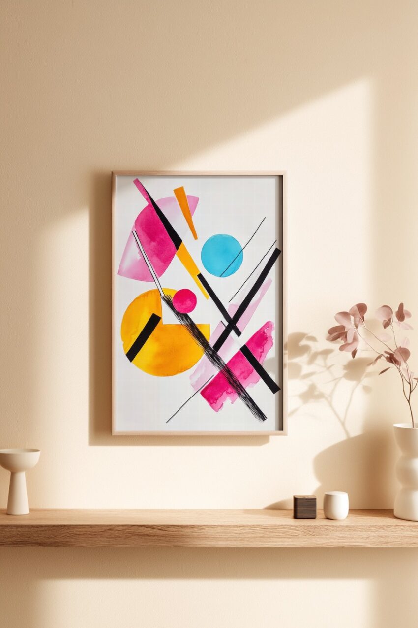 Abstraktes Poster mit geometrischen Formen aus farbigen Kreisen und Linien in Pink, Gelb, Blau und Schwarz, klare Komposition ohne Glanz auf weißem Hintergrund