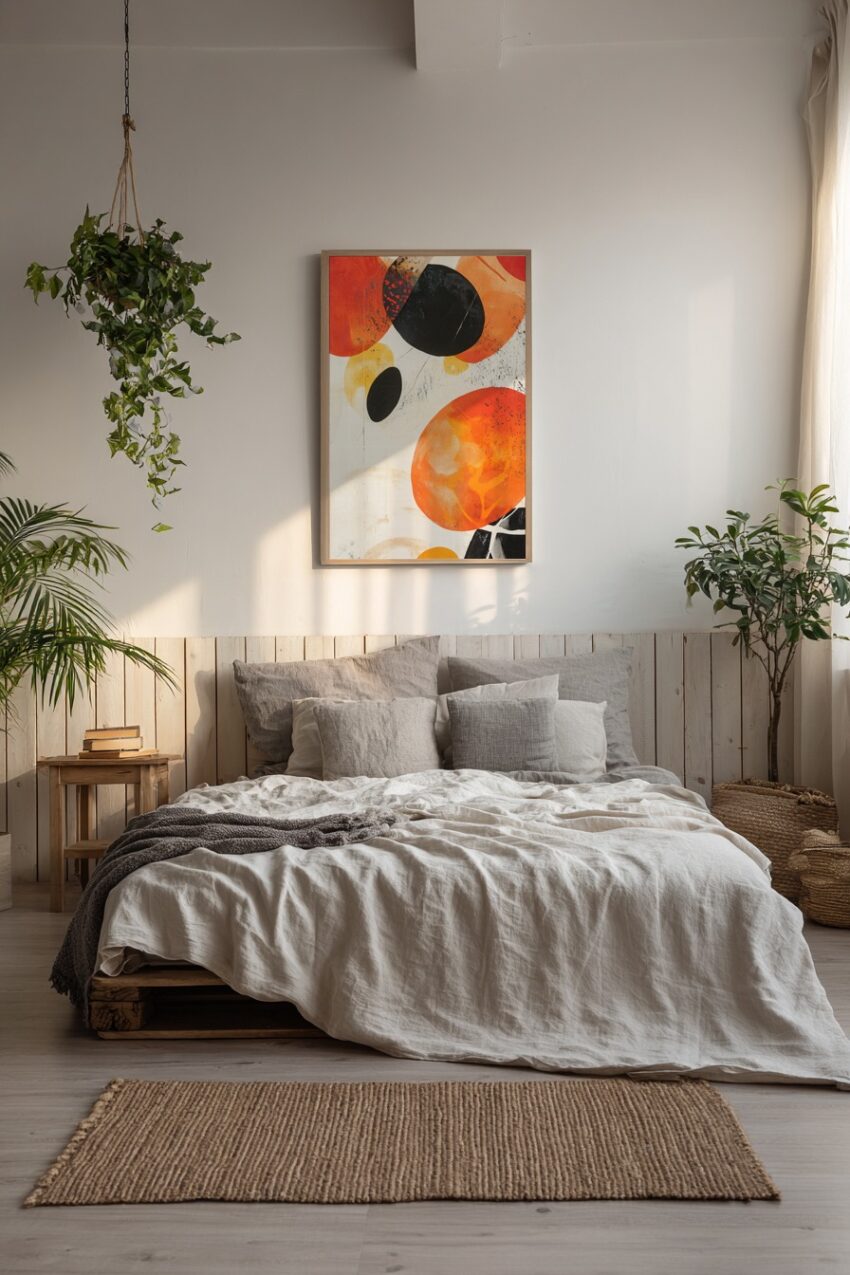 Abstraktes Poster mit orangen und schwarzen Kreisen auf weißem Hintergrund im modernen Stil