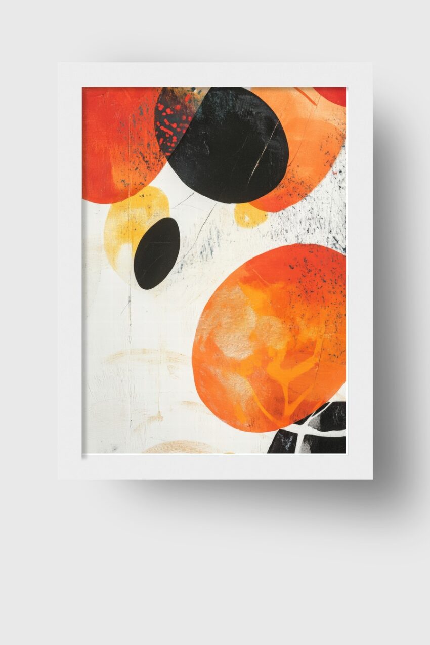 Abstraktes Poster mit orangen und schwarzen Kreisen auf weißem Hintergrund im modernen Stil