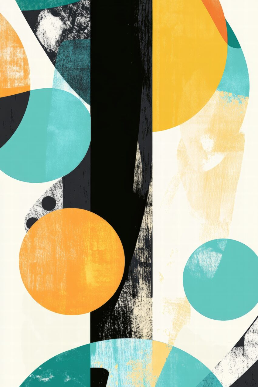 Abstrakter Kunstdruck mit orangenen und türkisen Kreisen sowie schwarzen Balken auf hellem Hintergrund, moderner geometrischer Posterstil