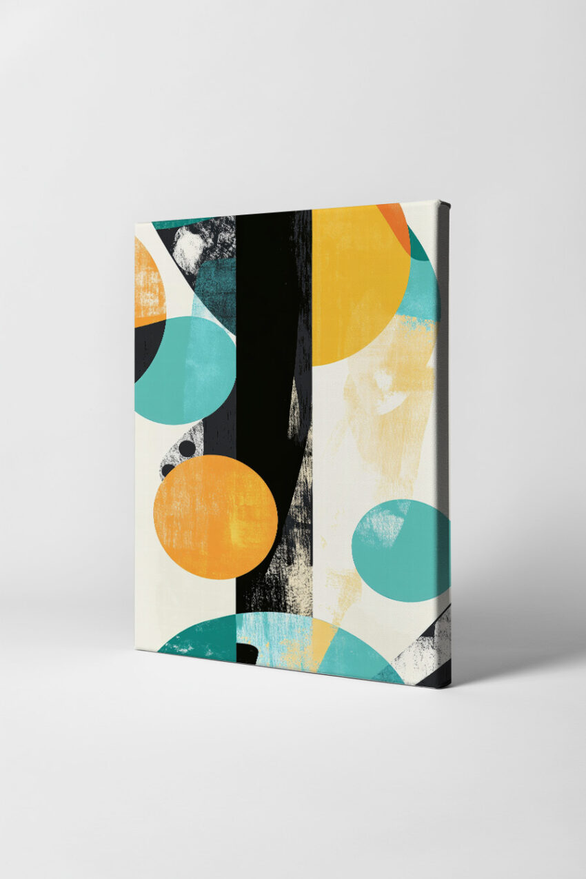 Abstrakter Kunstdruck mit orangenen und türkisen Kreisen sowie schwarzen Balken auf hellem Hintergrund, moderner geometrischer Posterstil