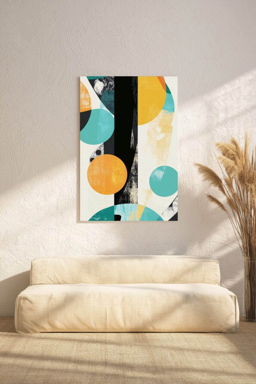 Abstrakter Kunstdruck mit orangenen und türkisen Kreisen sowie schwarzen Balken auf hellem Hintergrund, moderner geometrischer Posterstil