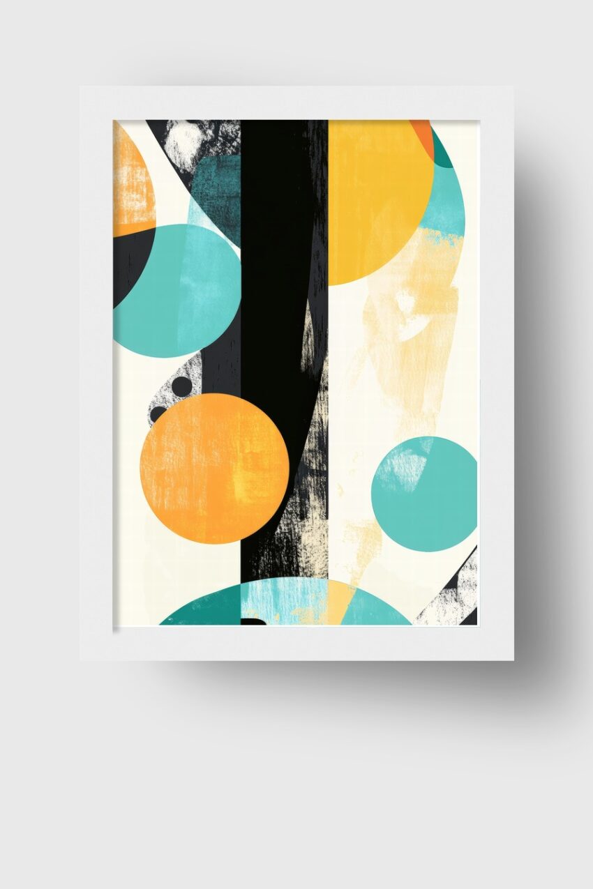 Abstrakter Kunstdruck mit orangenen und türkisen Kreisen sowie schwarzen Balken auf hellem Hintergrund, moderner geometrischer Posterstil