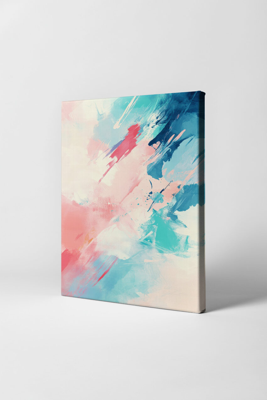 Abstraktes Poster mit pastellfarbenen Pinselstrichen in Blau, Rosa und Türkis auf hellem Hintergrund als moderner Kunstdruck