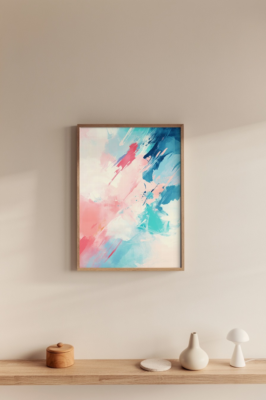 Abstraktes Poster mit pastellfarbenen Pinselstrichen in Blau, Rosa und Türkis auf hellem Hintergrund als moderner Kunstdruck