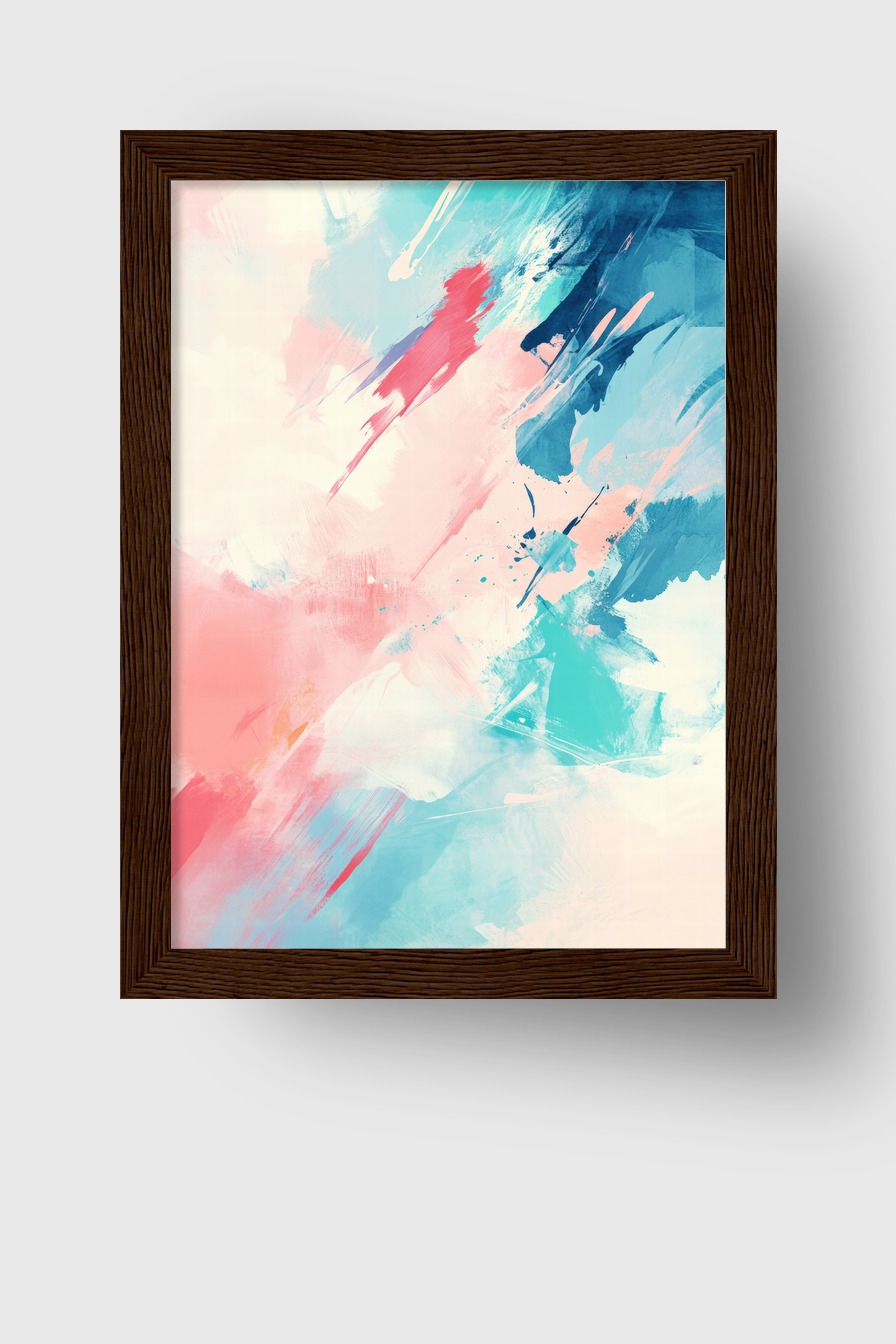 Abstraktes Poster mit pastellfarbenen Pinselstrichen in Blau, Rosa und Türkis auf hellem Hintergrund als moderner Kunstdruck