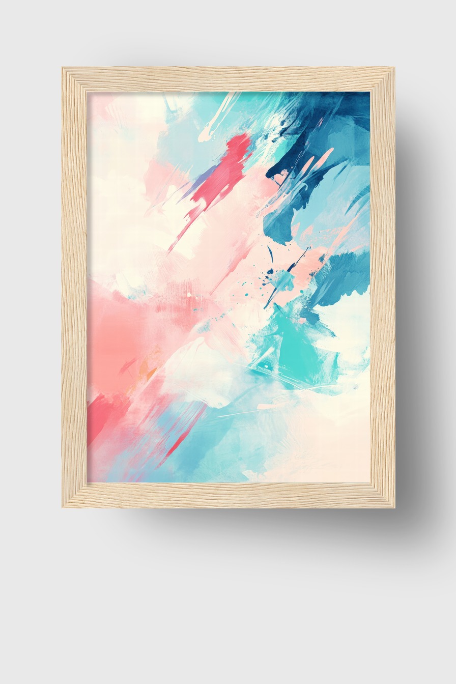 Abstraktes Poster mit pastellfarbenen Pinselstrichen in Blau, Rosa und Türkis auf hellem Hintergrund als moderner Kunstdruck