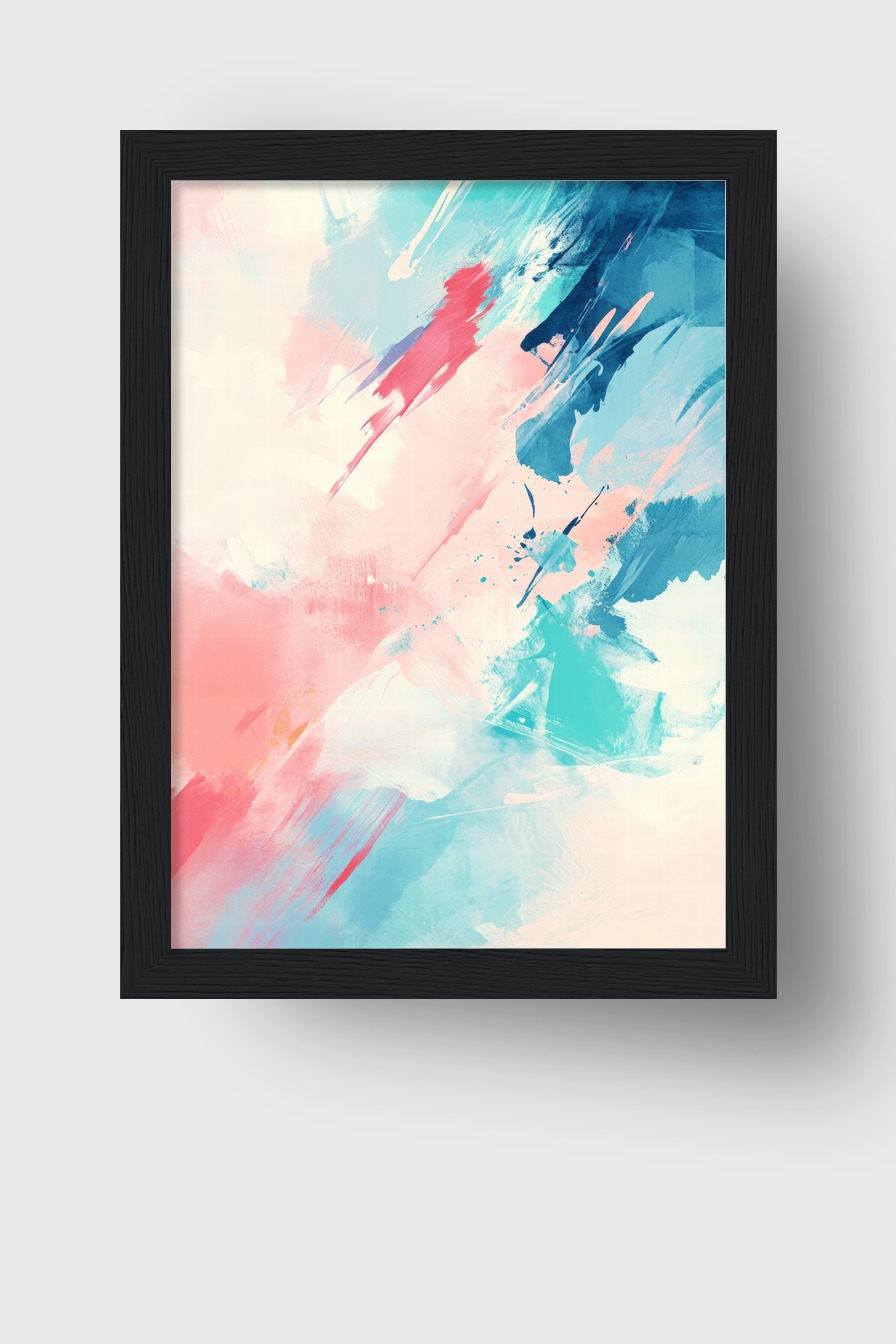 Abstraktes Poster mit pastellfarbenen Pinselstrichen in Blau, Rosa und Türkis auf hellem Hintergrund als moderner Kunstdruck