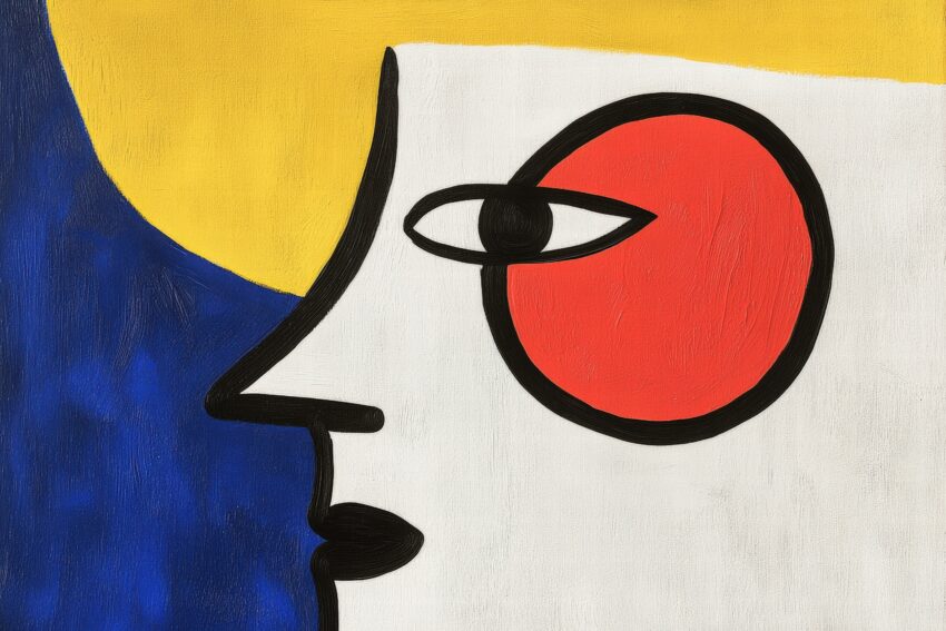 Abstrakter Kunstdruck mit geometrischem Gesicht in Rot, Gelb und Blau auf weißem Hintergrund, modernes Poster in klaren Formen