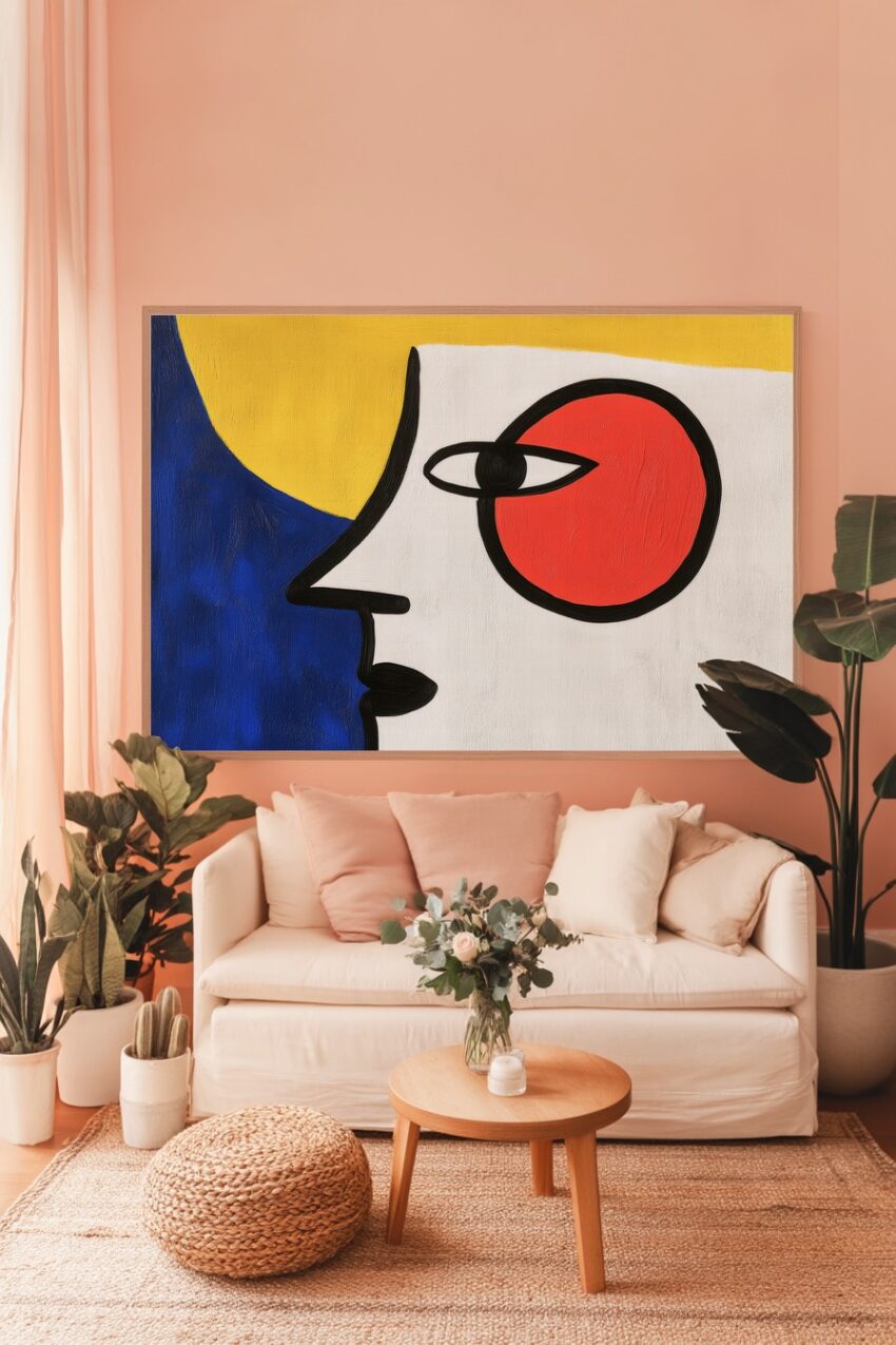 Abstrakter Kunstdruck mit geometrischem Gesicht in Rot, Gelb und Blau auf weißem Hintergrund, modernes Poster in klaren Formen