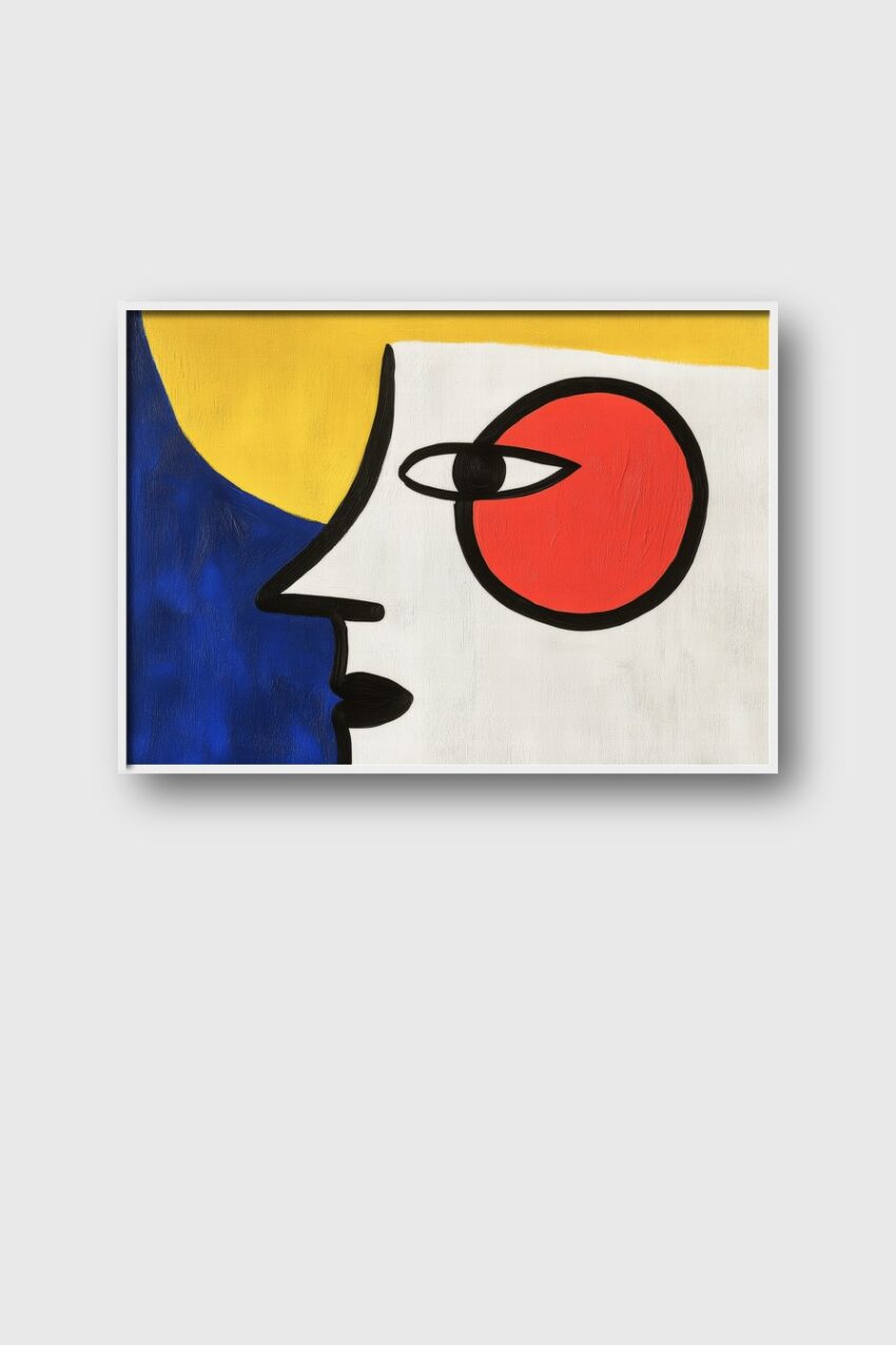 Abstrakter Kunstdruck mit geometrischem Gesicht in Rot, Gelb und Blau auf weißem Hintergrund, modernes Poster in klaren Formen