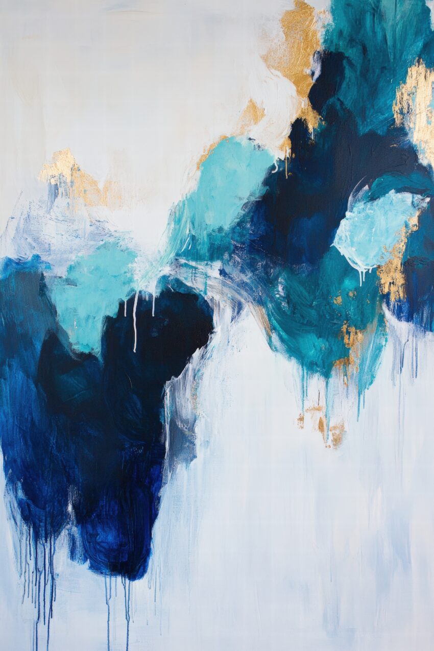 Abstrakter Kunstdruck mit blau-goldenen Farbflächen und fließenden Übergängen in moderner Komposition als Poster