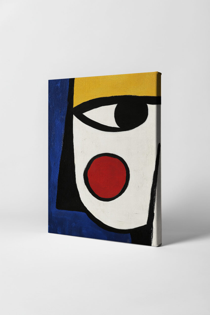 Abstraktes Poster mit geometrischem Gesicht in Rot, Blau, Gelb und Schwarz, reduziert und klar gestaltet