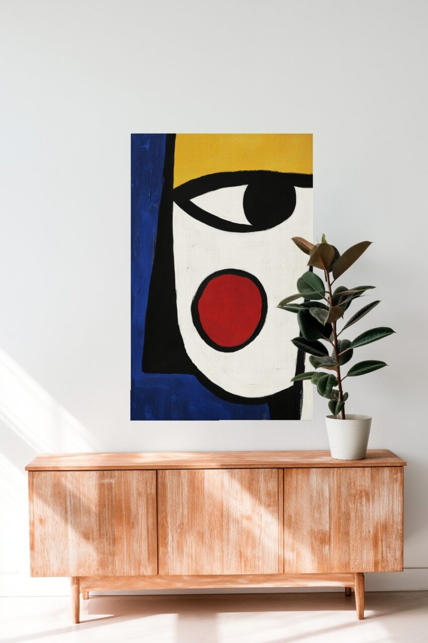 Abstraktes Poster mit geometrischem Gesicht in Rot, Blau, Gelb und Schwarz, reduziert und klar gestaltet