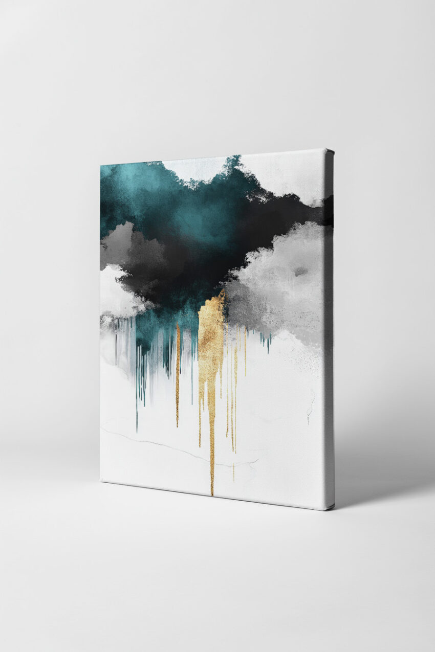 Abstraktes Poster mit Farbwolken in Schwarz, Weiß, Blau und Gold, moderner Kunstdruck mit klaren Formen und Kontrasten