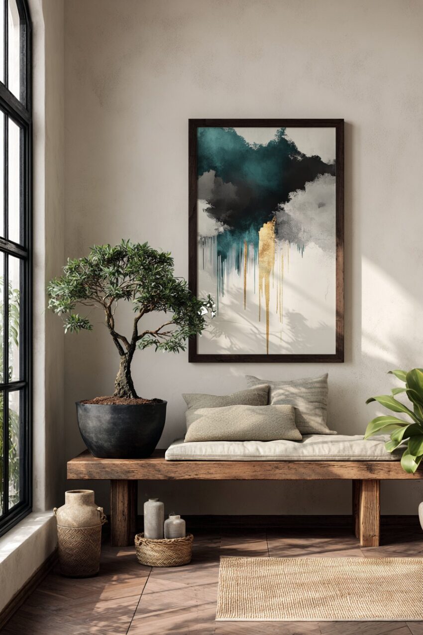 Abstraktes Poster mit Farbwolken in Schwarz, Weiß, Blau und Gold, moderner Kunstdruck mit klaren Formen und Kontrasten