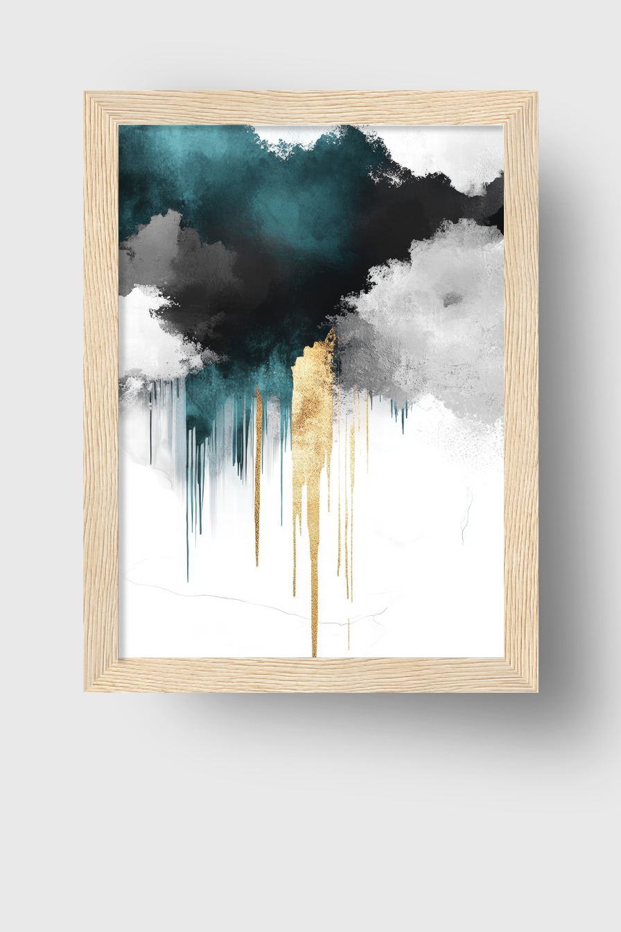 Abstraktes Poster mit Farbwolken in Schwarz, Weiß, Blau und Gold, moderner Kunstdruck mit klaren Formen und Kontrasten