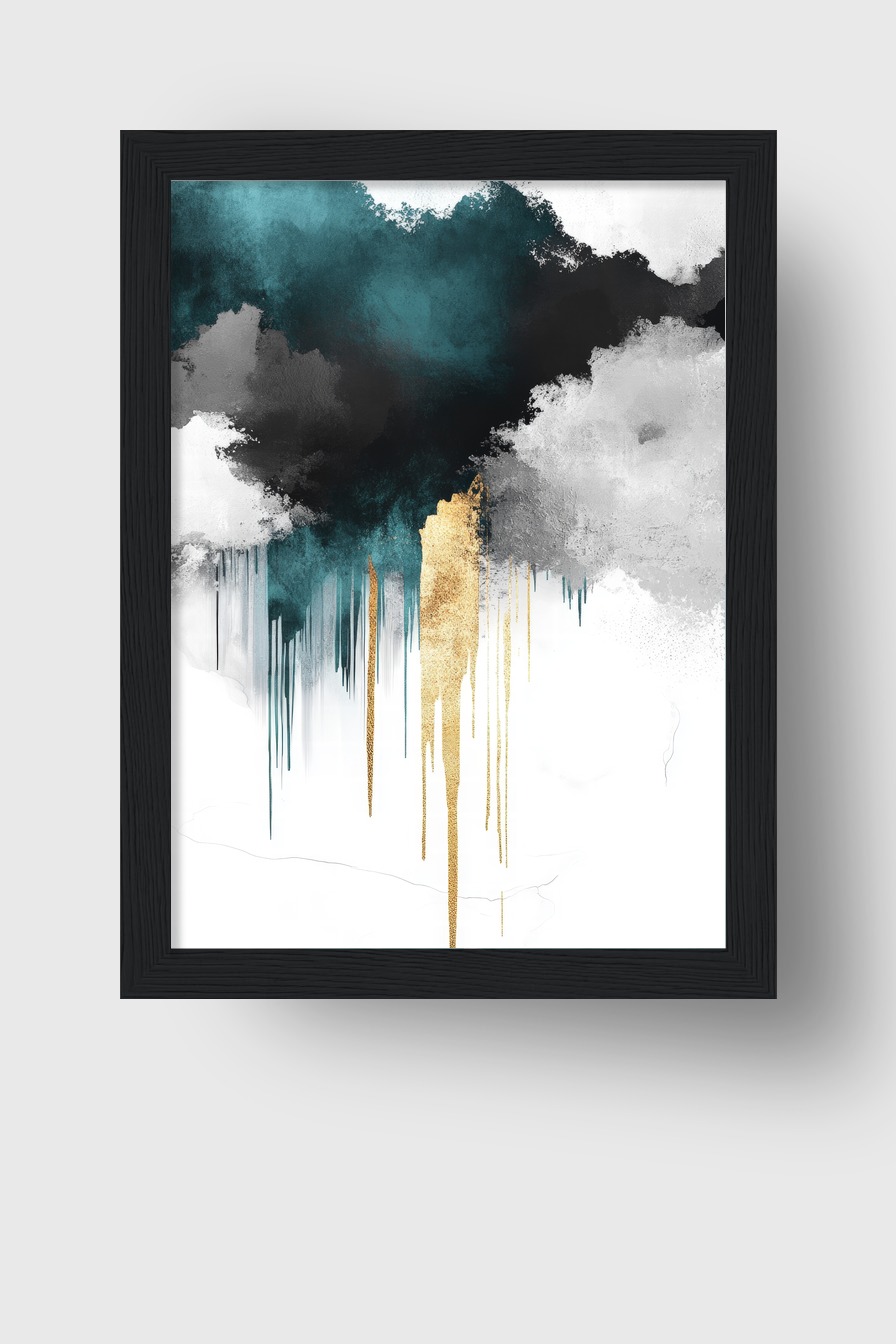 Abstraktes Poster mit Farbwolken in Schwarz, Weiß, Blau und Gold, moderner Kunstdruck mit klaren Formen und Kontrasten