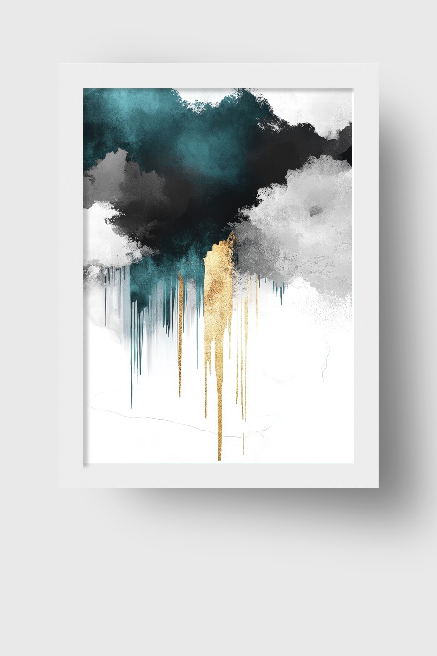 Abstraktes Poster mit Farbwolken in Schwarz, Weiß, Blau und Gold, moderner Kunstdruck mit klaren Formen und Kontrasten