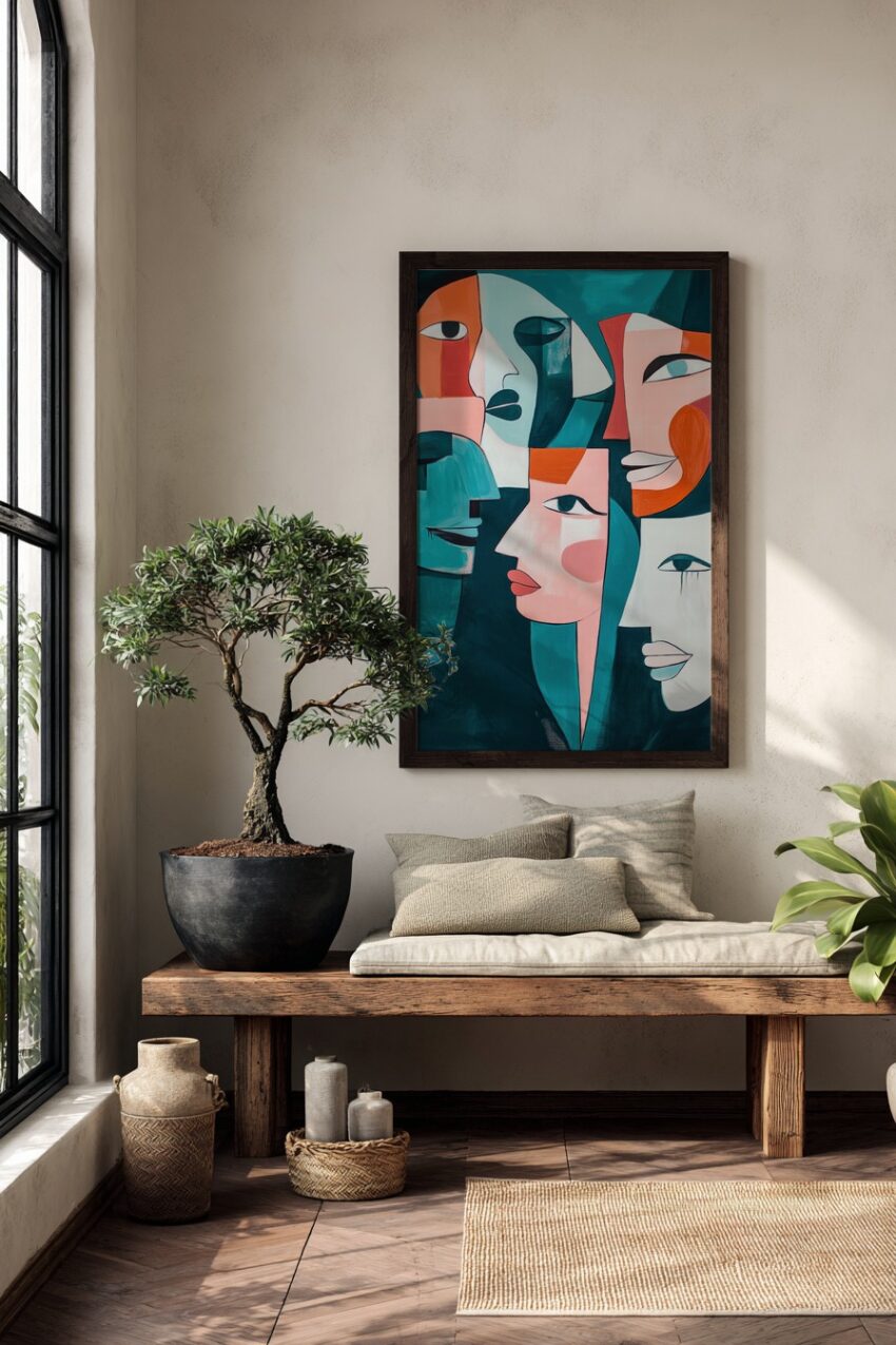 Abstrakter Kunstdruck mit mehreren stilisierten Gesichtern in Blau und Orange, farbiger Portrait Kunstdruck