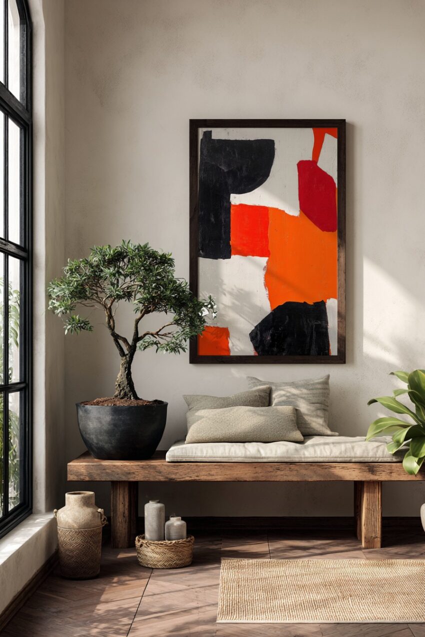Abstraktes Poster mit roten, schwarzen und orangen Farbflächen auf weißem Hintergrund, kontrastreich und modern