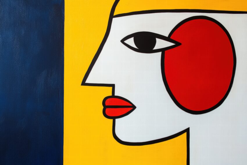 Grafischer Kunstdruck mit stilisiertem Frauenprofil in Rot, Gelb und Schwarz als Poster mit klaren Linien