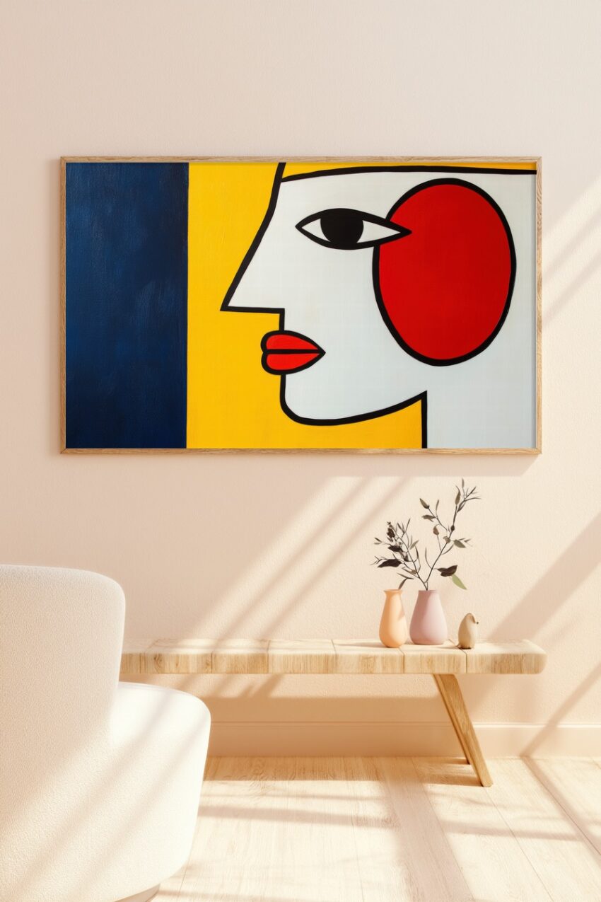 Grafischer Kunstdruck mit stilisiertem Frauenprofil in Rot, Gelb und Schwarz als Poster mit klaren Linien