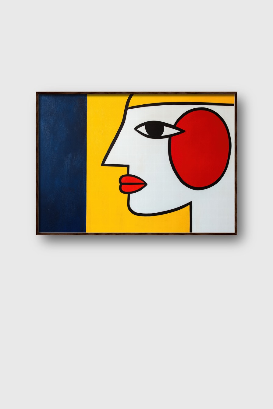 Grafischer Kunstdruck mit stilisiertem Frauenprofil in Rot, Gelb und Schwarz als Poster mit klaren Linien