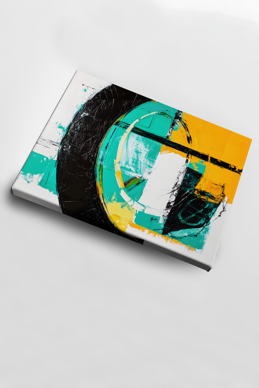 Abstraktes Poster mit Kreisen und geometrischen Formen in Gelb, Türkis und Schwarz als klar strukturierte Grafik