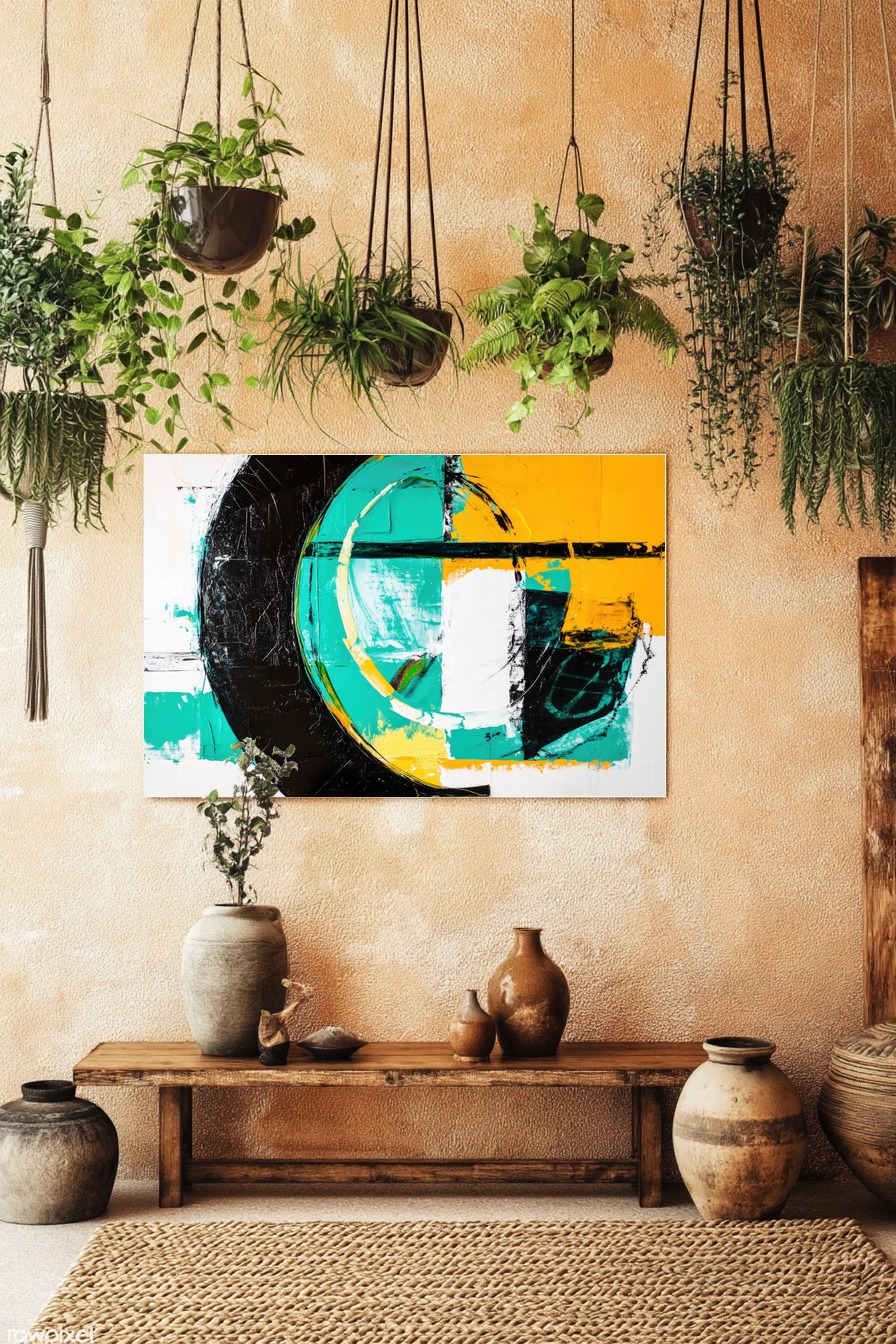 Abstraktes Poster mit Kreisen und geometrischen Formen in Gelb, Türkis und Schwarz als klar strukturierte Grafik