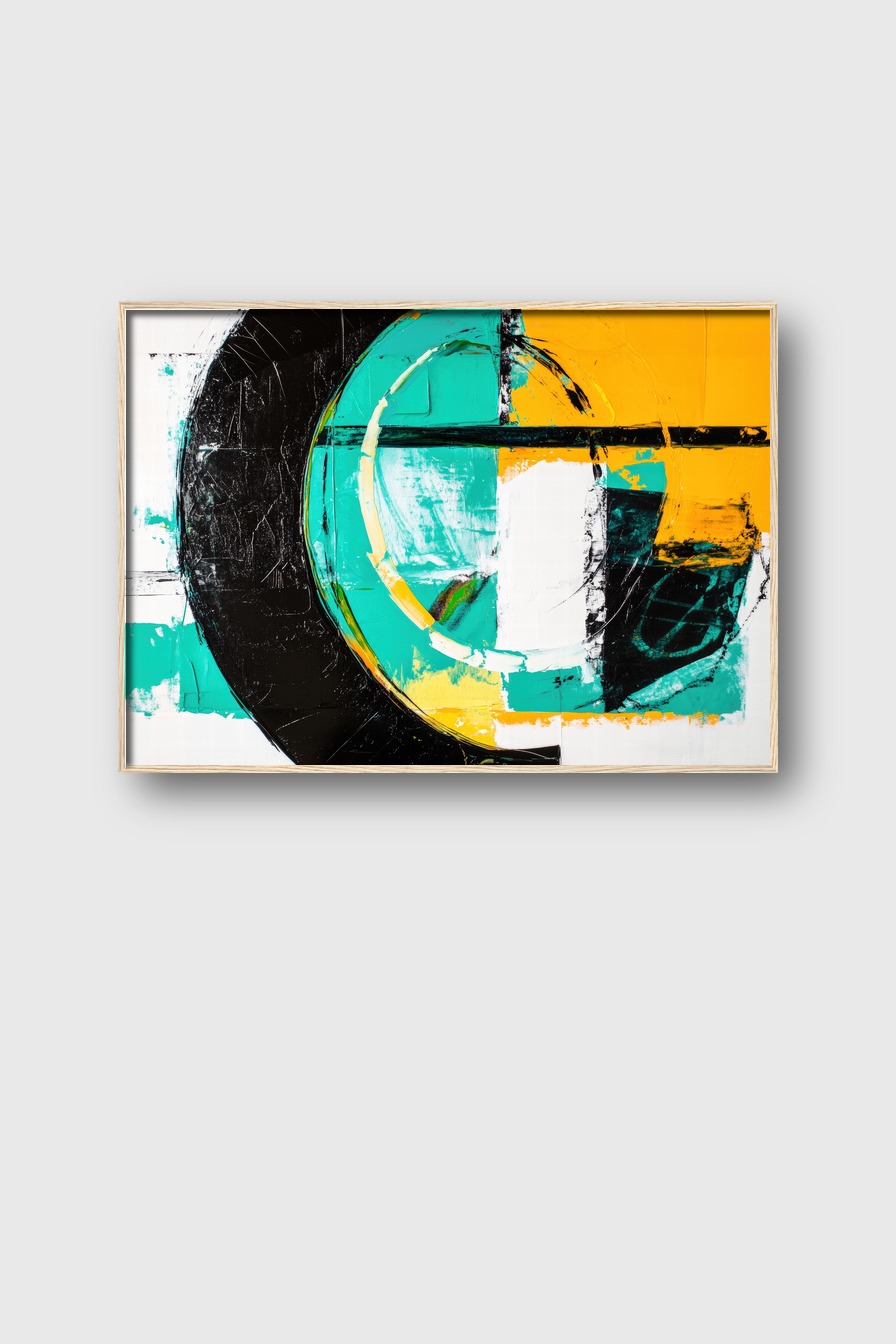 Abstraktes Poster mit Kreisen und geometrischen Formen in Gelb, Türkis und Schwarz als klar strukturierte Grafik