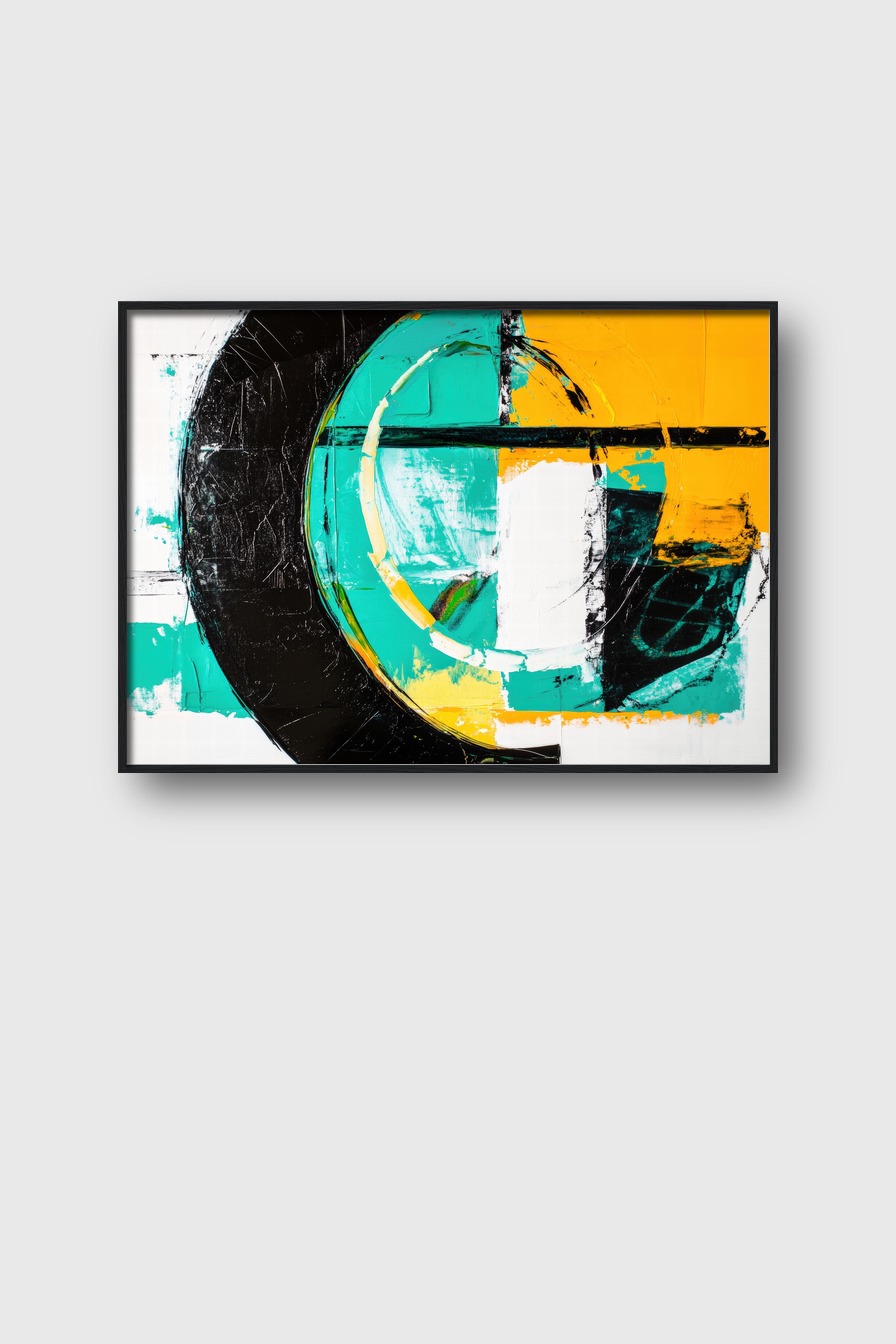 Abstraktes Poster mit Kreisen und geometrischen Formen in Gelb, Türkis und Schwarz als klar strukturierte Grafik