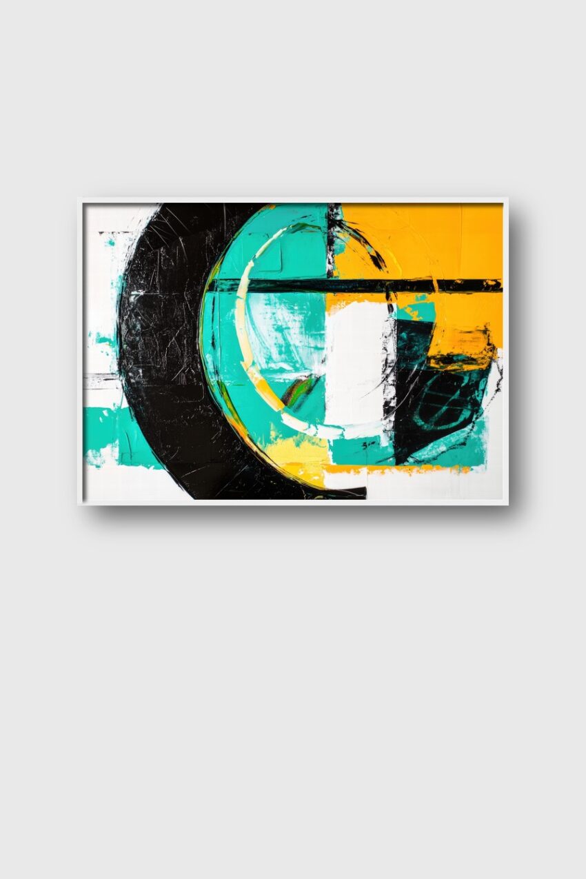 Abstraktes Poster mit Kreisen und geometrischen Formen in Gelb, Türkis und Schwarz als klar strukturierte Grafik