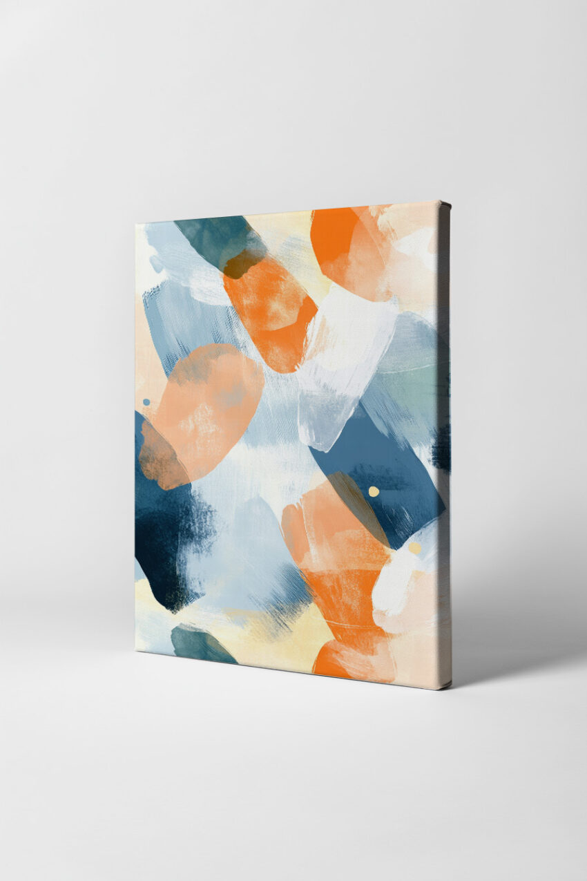 Abstraktes Poster mit Farbflächen in Orange und Blau, moderner Kunstdruck mit klaren Formen