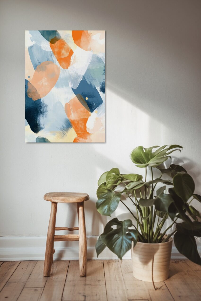 Abstraktes Poster mit Farbflächen in Orange und Blau, moderner Kunstdruck mit klaren Formen