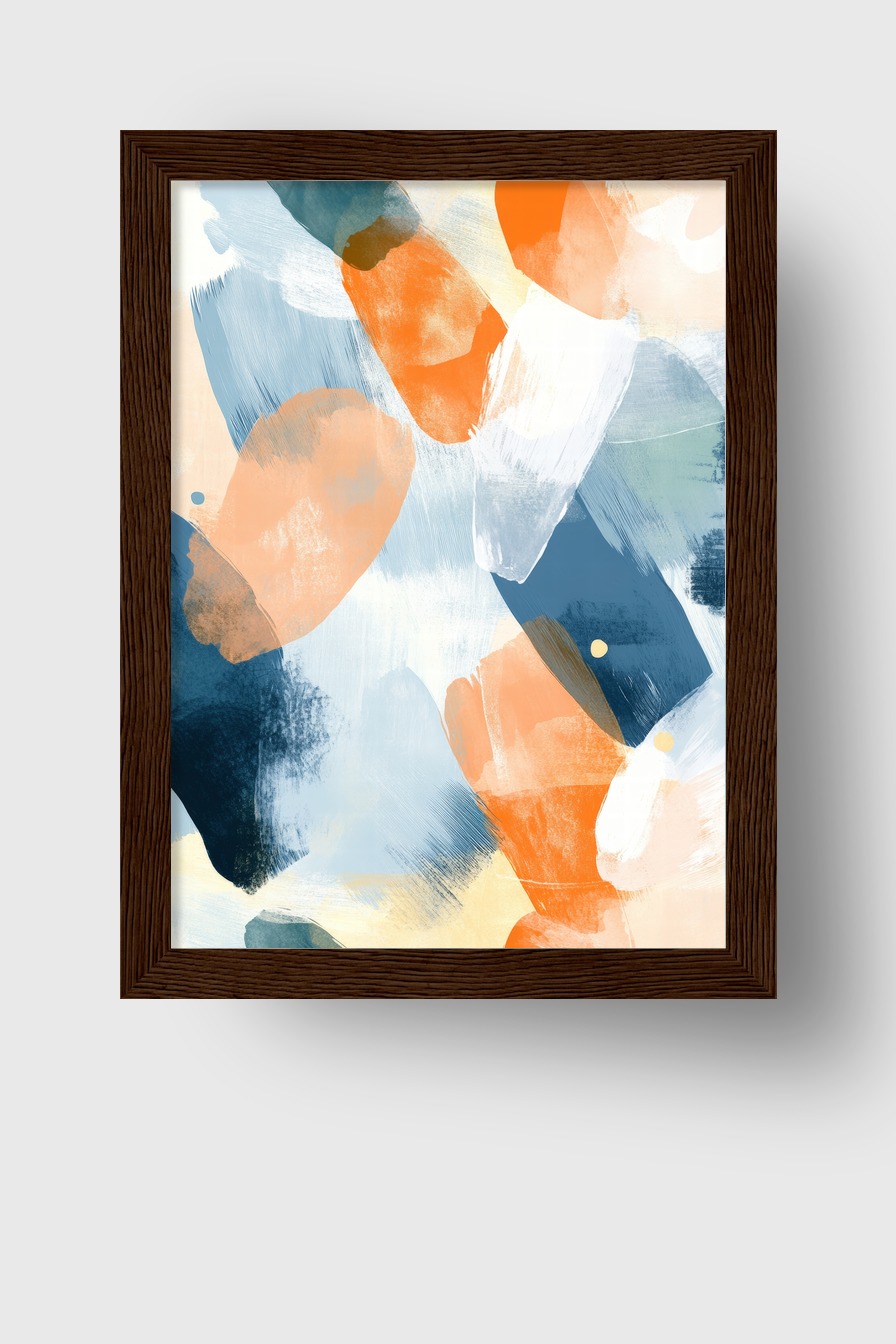 Abstraktes Poster mit Farbflächen in Orange und Blau, moderner Kunstdruck mit klaren Formen