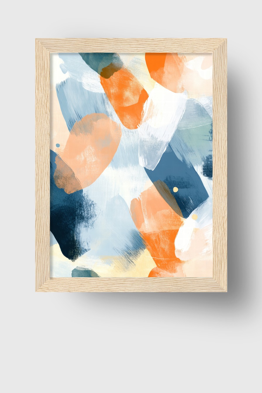 Abstraktes Poster mit Farbflächen in Orange und Blau, moderner Kunstdruck mit klaren Formen