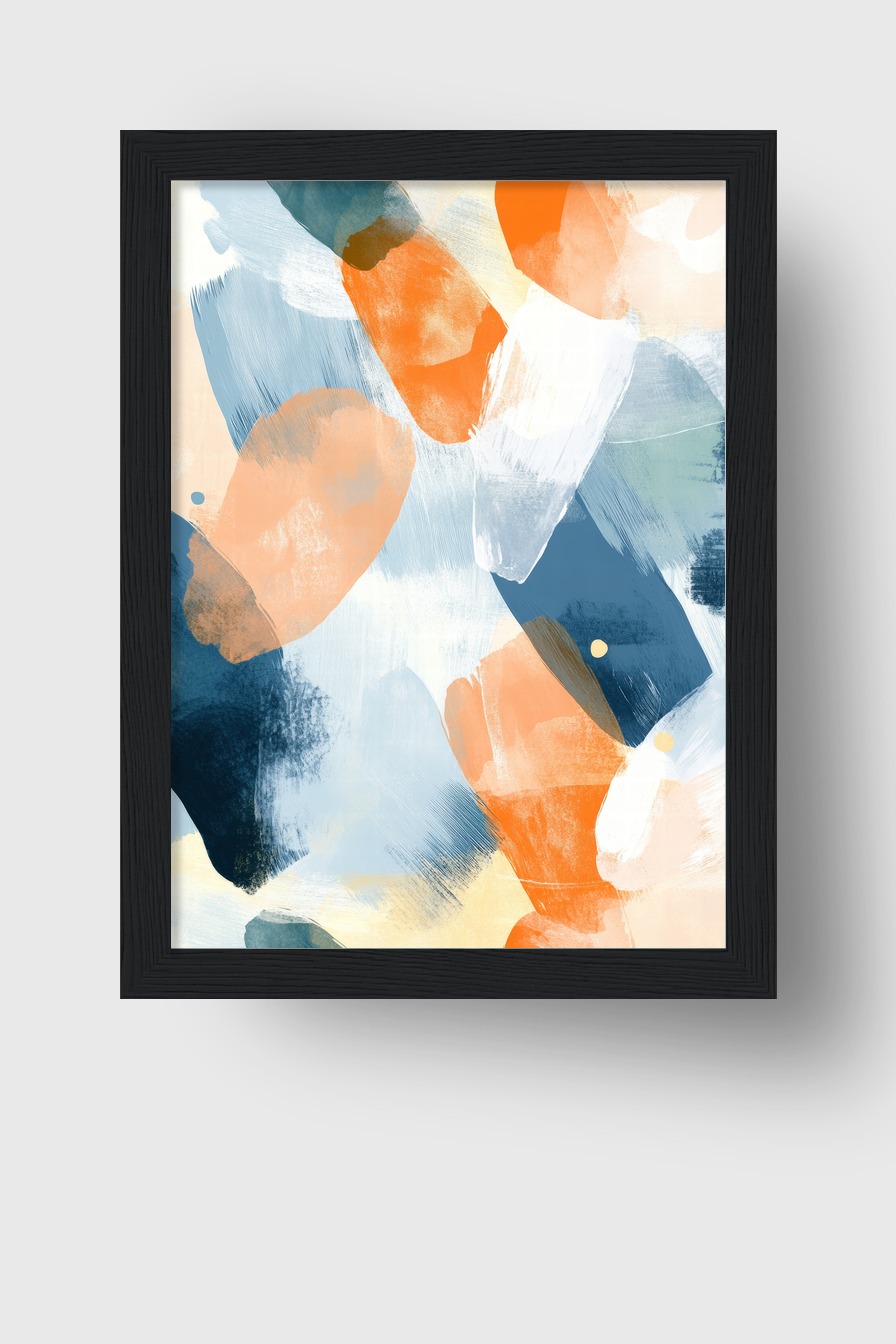 Abstraktes Poster mit Farbflächen in Orange und Blau, moderner Kunstdruck mit klaren Formen