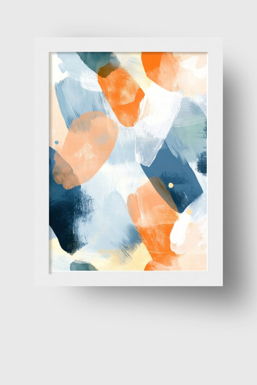 Abstraktes Poster mit Farbflächen in Orange und Blau, moderner Kunstdruck mit klaren Formen