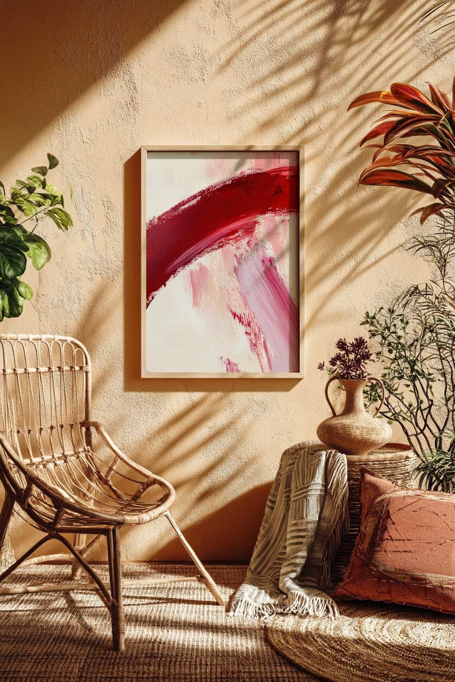 Abstraktes Poster mit rotem Bogen und rosa Farbspuren auf cremeweißem Hintergrund, moderner Kunstdruck