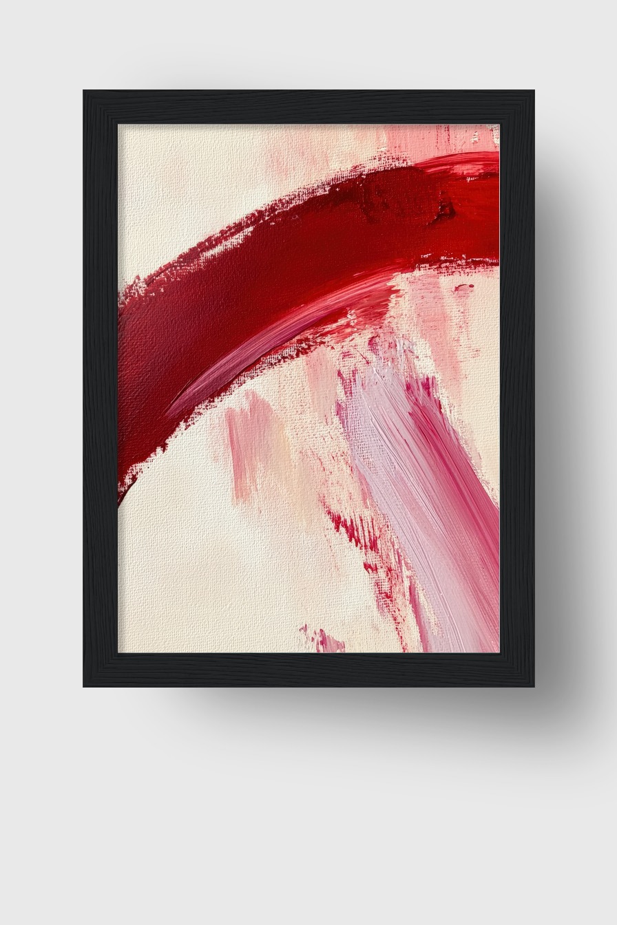 Abstraktes Poster mit rotem Bogen und rosa Farbspuren auf cremeweißem Hintergrund, moderner Kunstdruck