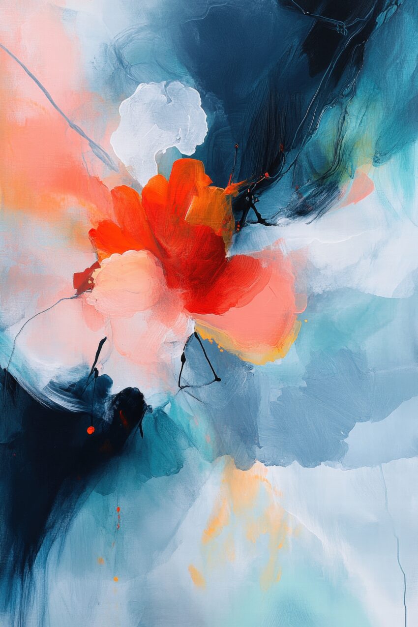 Abstraktes Poster mit rotem Blütenmotiv und fließenden blauen Farbflächen, moderner Kunstdruck in kräftigen Farben