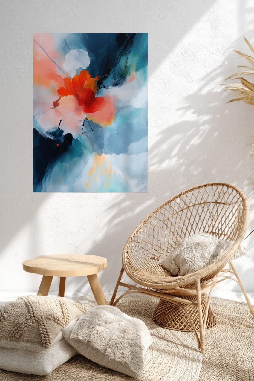 Abstraktes Poster mit rotem Blütenmotiv und fließenden blauen Farbflächen, moderner Kunstdruck in kräftigen Farben