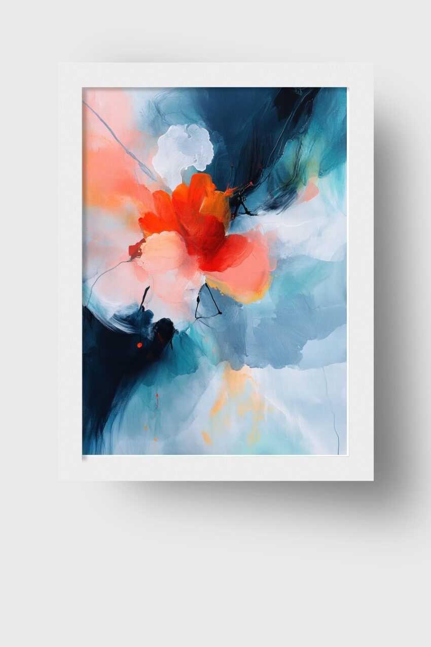 Abstraktes Poster mit rotem Blütenmotiv und fließenden blauen Farbflächen, moderner Kunstdruck in kräftigen Farben