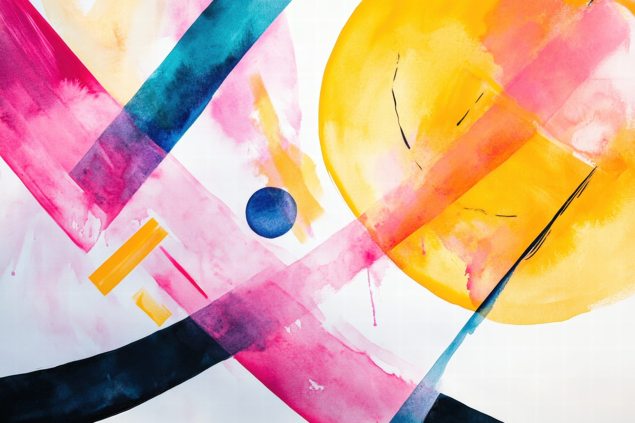 Abstraktes Poster mit farbigen Kreisen und Linien in Gelb, Pink und Blau, moderner Kunstdruck mit klaren Farbflächen