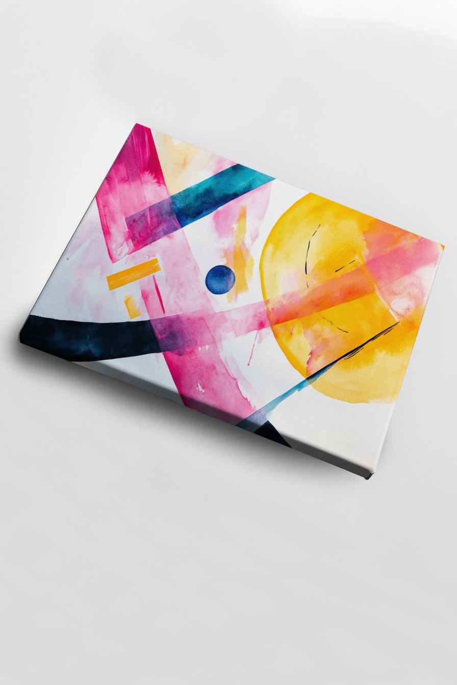 Abstraktes Poster mit farbigen Kreisen und Linien in Gelb, Pink und Blau, moderner Kunstdruck mit klaren Farbflächen