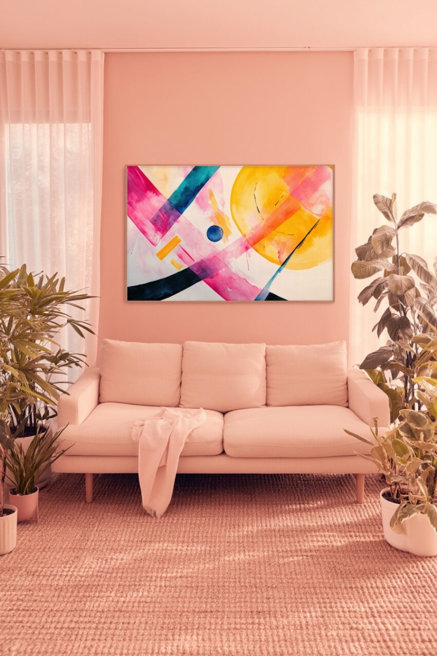 Abstraktes Poster mit farbigen Kreisen und Linien in Gelb, Pink und Blau, moderner Kunstdruck mit klaren Farbflächen