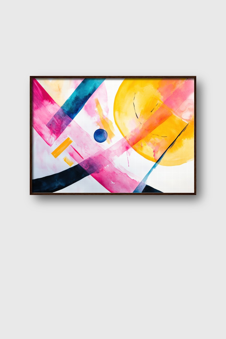 Abstraktes Poster mit farbigen Kreisen und Linien in Gelb, Pink und Blau, moderner Kunstdruck mit klaren Farbflächen